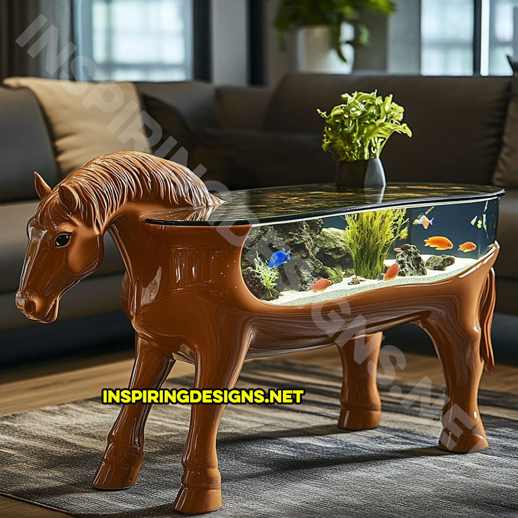 animal shaped aquarium coffee table in a horse design