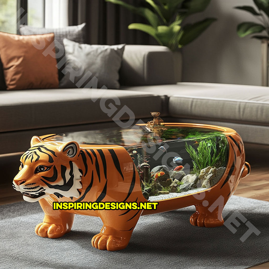 animal shaped aquarium coffee table in a tiger design