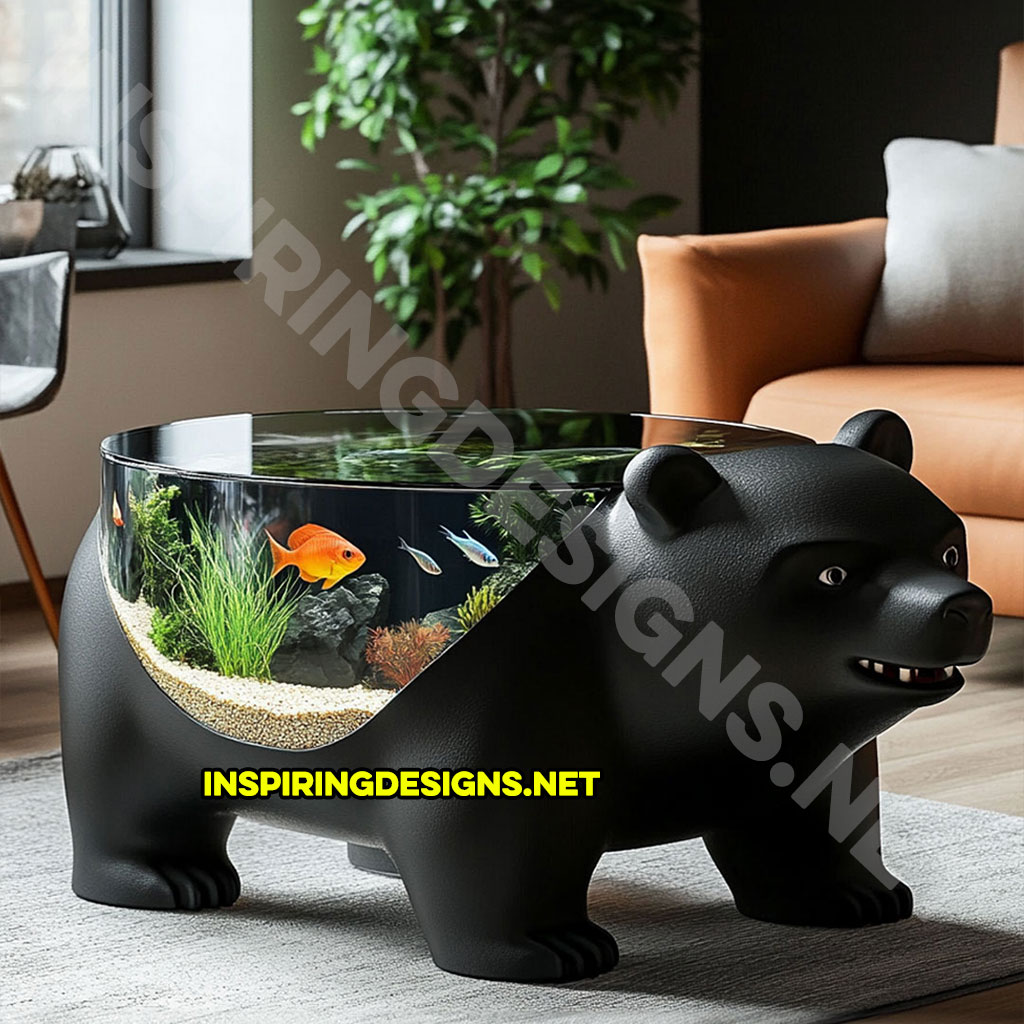 animal shaped aquarium coffee table in a black bear design