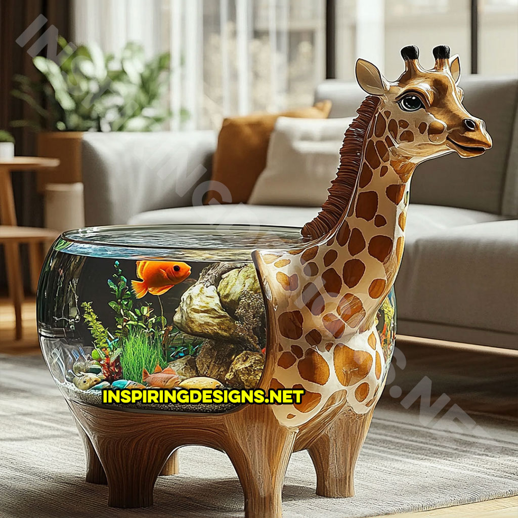 animal shaped aquarium coffee table in a giraffe design