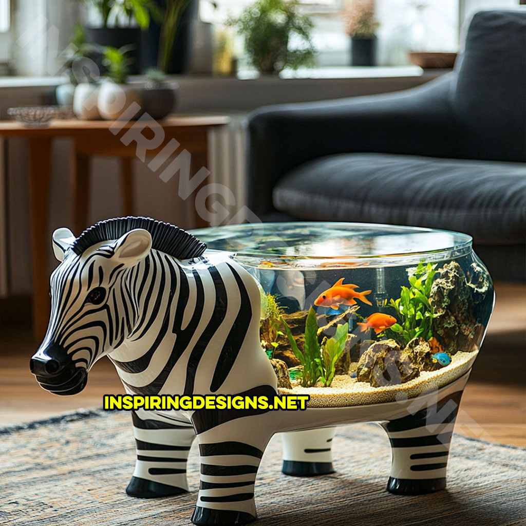 animal shaped aquarium coffee table in a zebra design