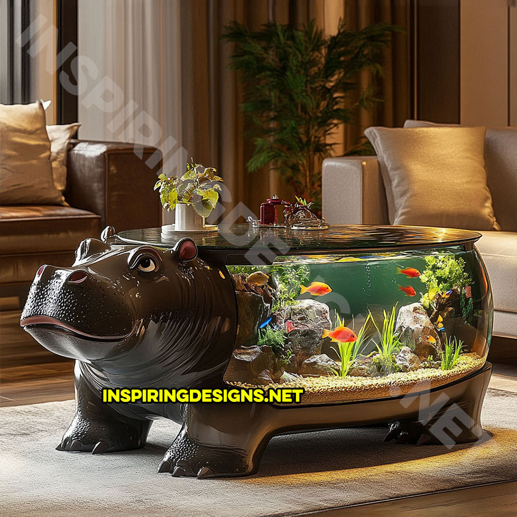 animal shaped aquarium coffee table in a hippo design