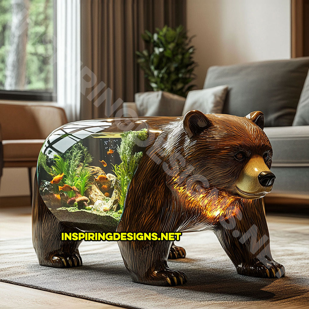 animal shaped aquarium coffee table in a grizzly bear design