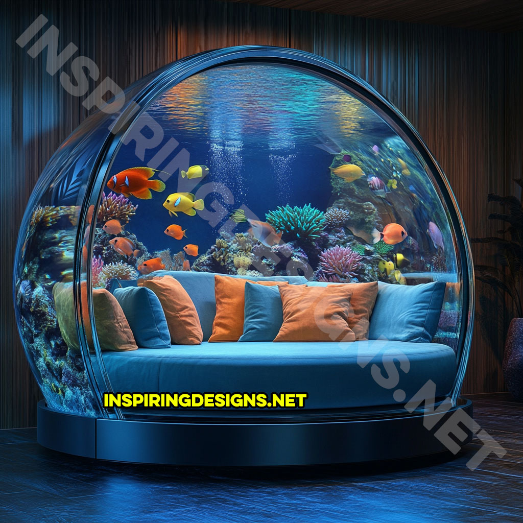 modern all glass aquarium lounger in a orange and blue color