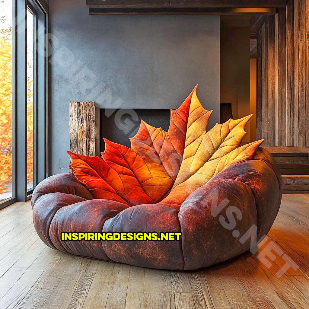 A autumn leaf lounger in a leather sugar maple leaf design