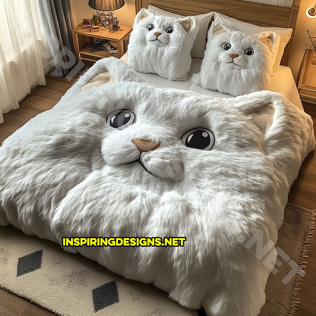 realistic cat bedding set in white color