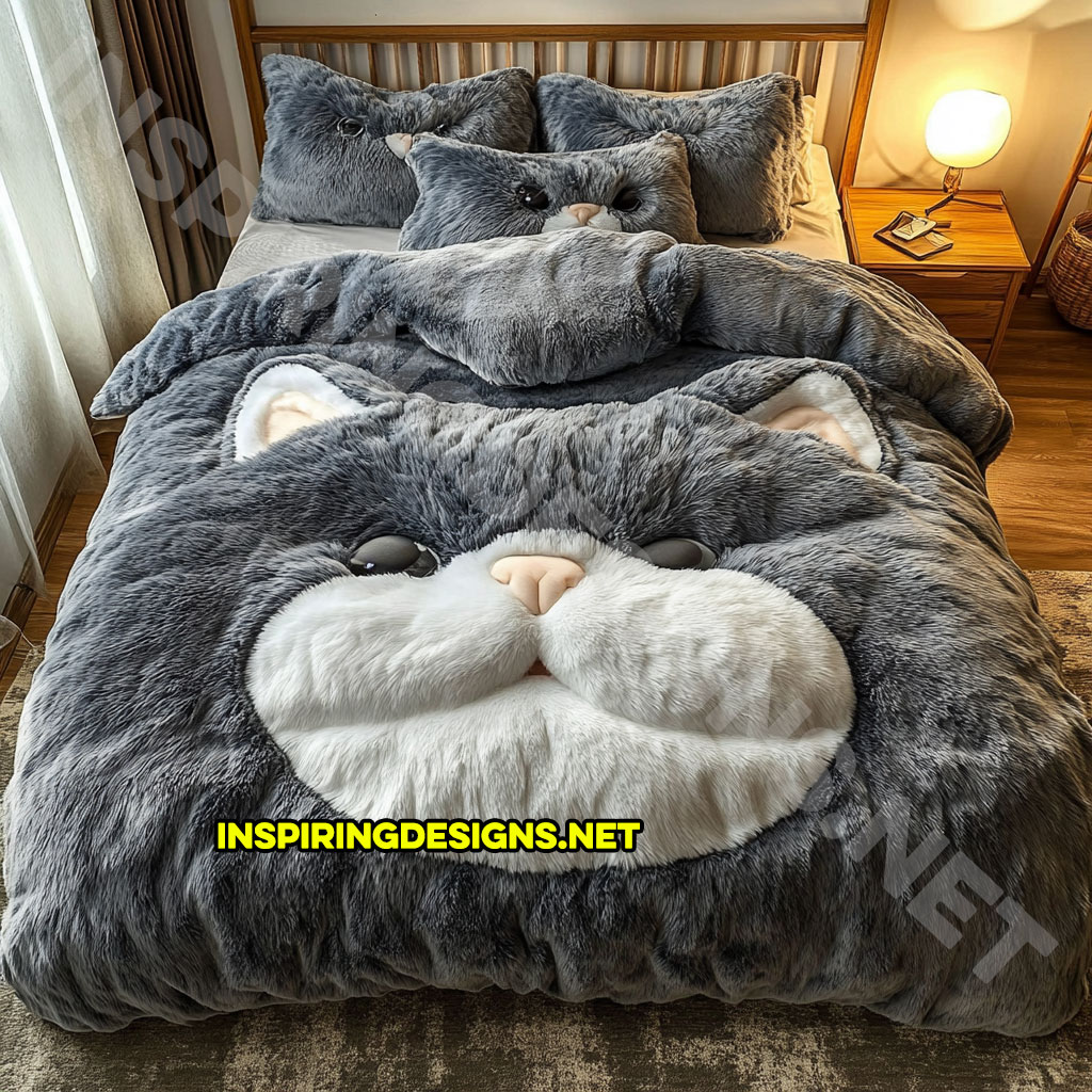 realistic cat bedding set in dark grey and white color