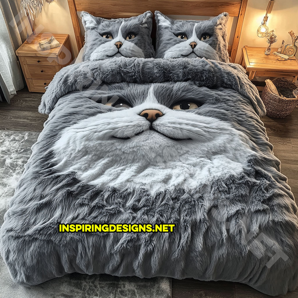 realistic cat bedding set in dark grey and white color