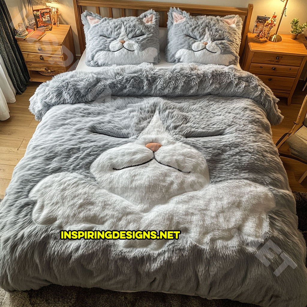 realistic cat bedding set in light grey and white color