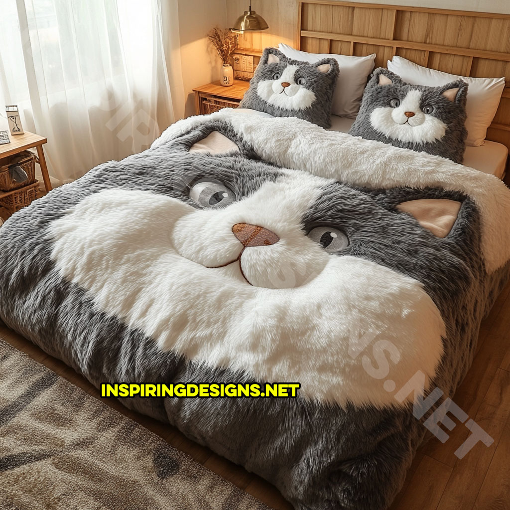 realistic cat bedding set in dark grey and white color