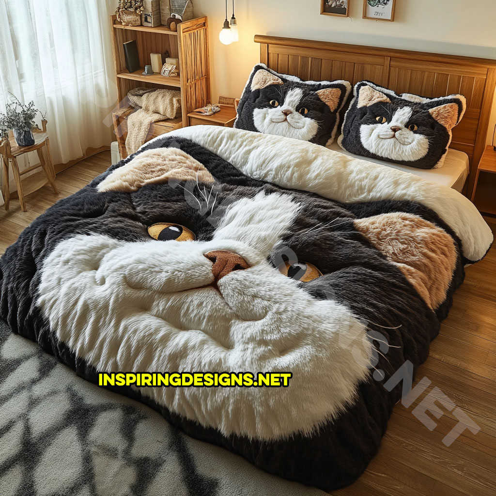 realistic cat bedding set in black and white color