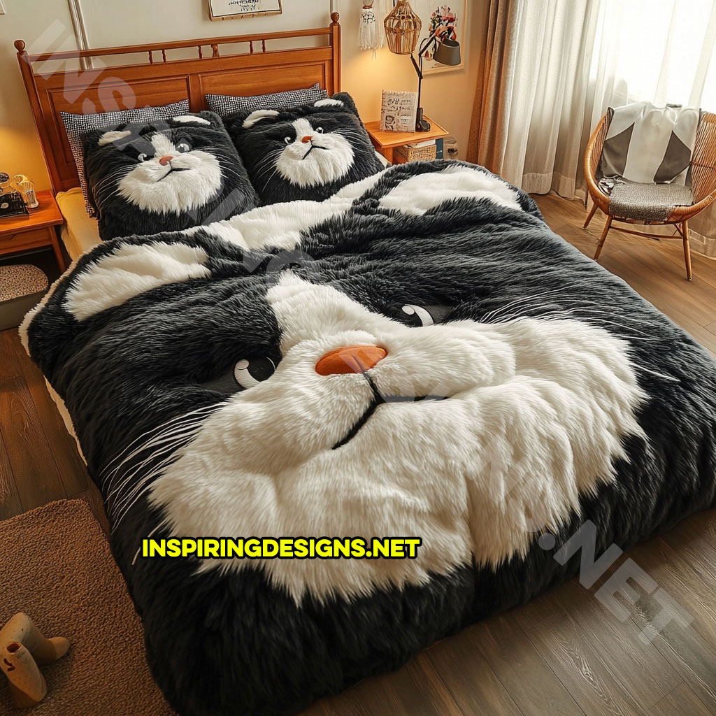 realistic cat bedding set in black and white color