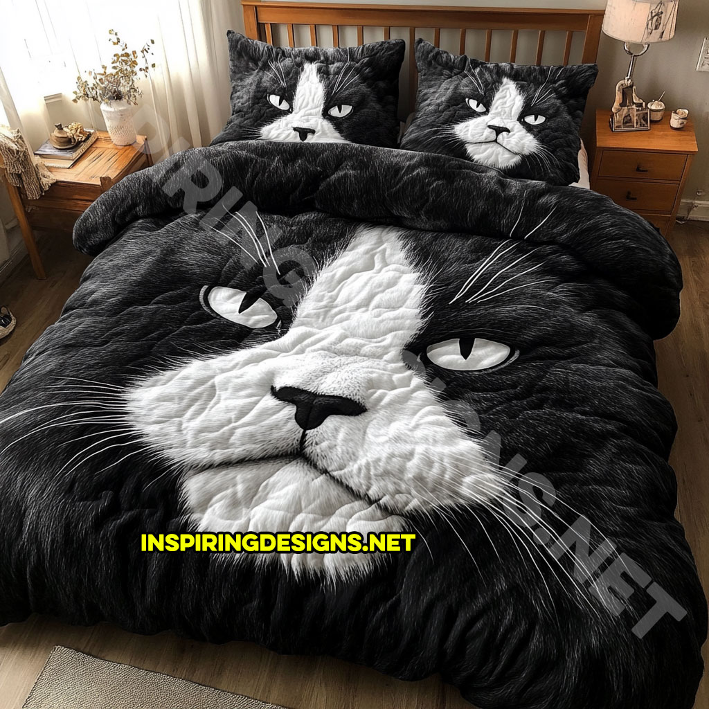 realistic cat bedding set in black and white color