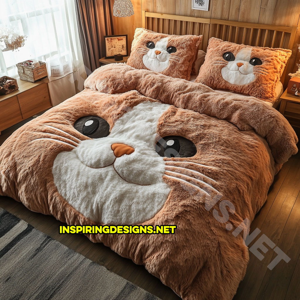 realistic cat bedding set in brown and white color