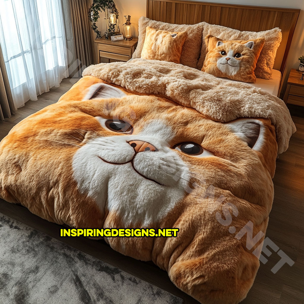 realistic cat bedding set in orange and white color