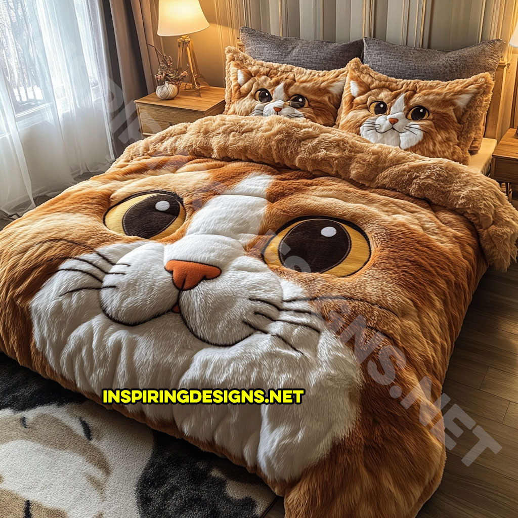 realistic cat bedding set in orange and white color