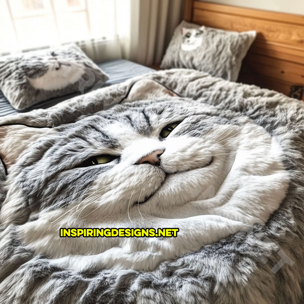 realistic cat bedding set in light grey and white color