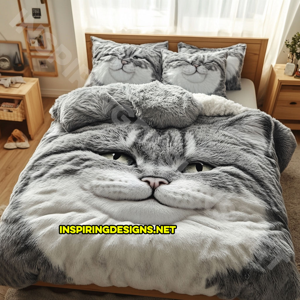 realistic cat bedding set in grey and white color