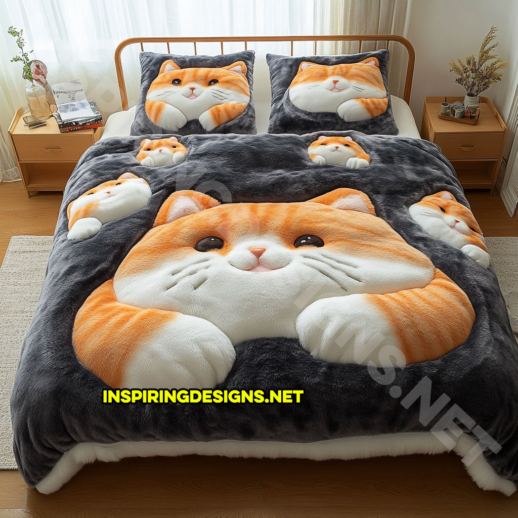 realistic cat bedding set in orange and white color