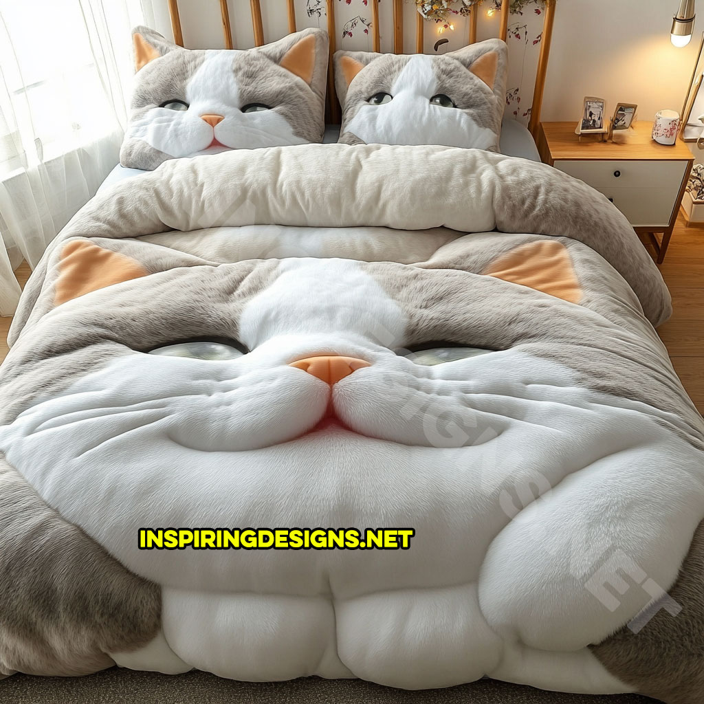 realistic cat bedding set in light grey and white color