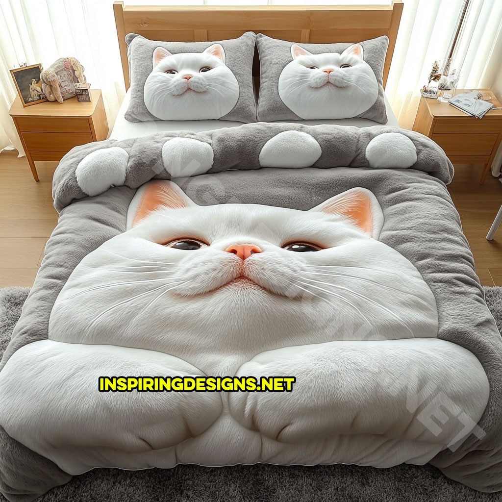 realistic cat bedding set in white and grey color