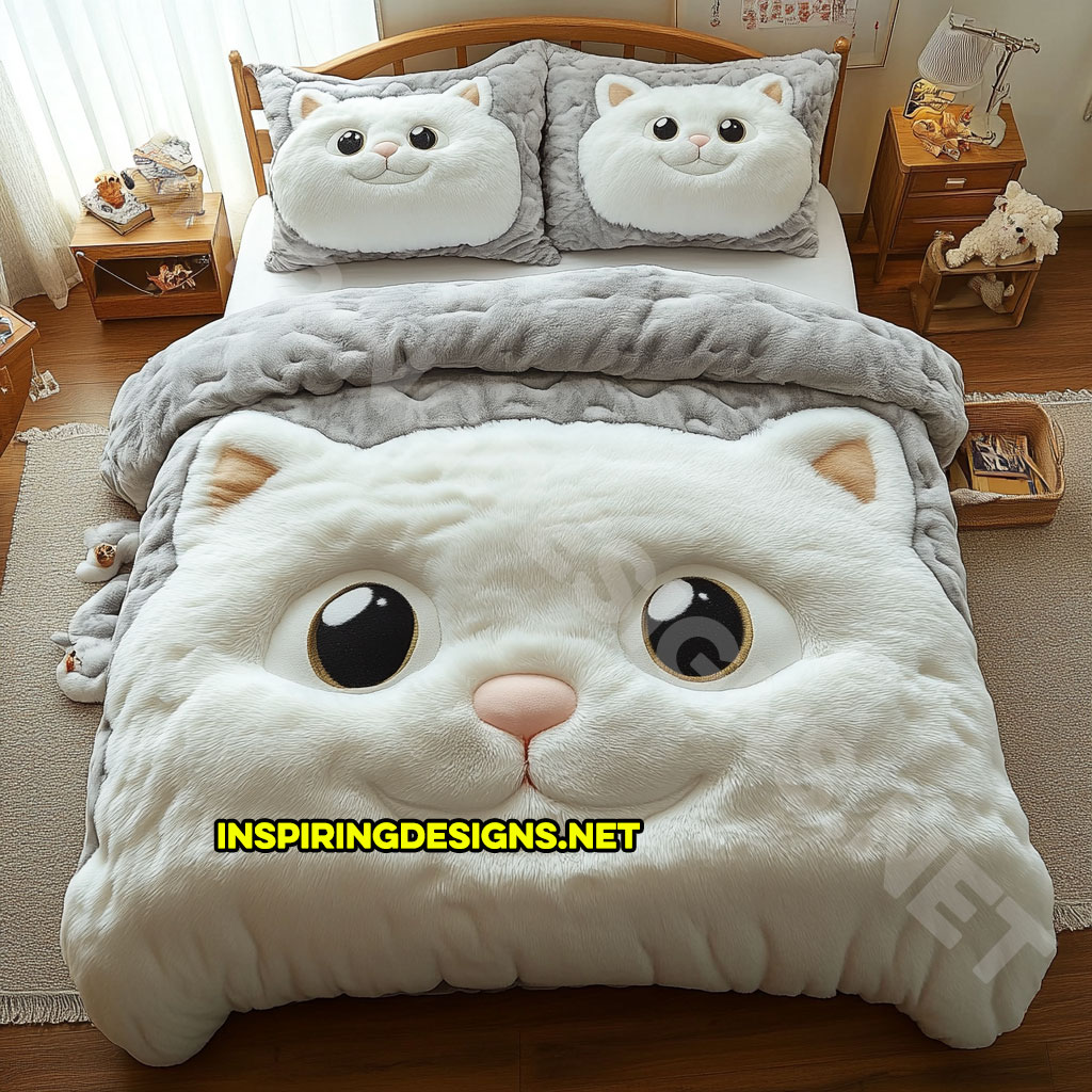 realistic cat bedding set in white color