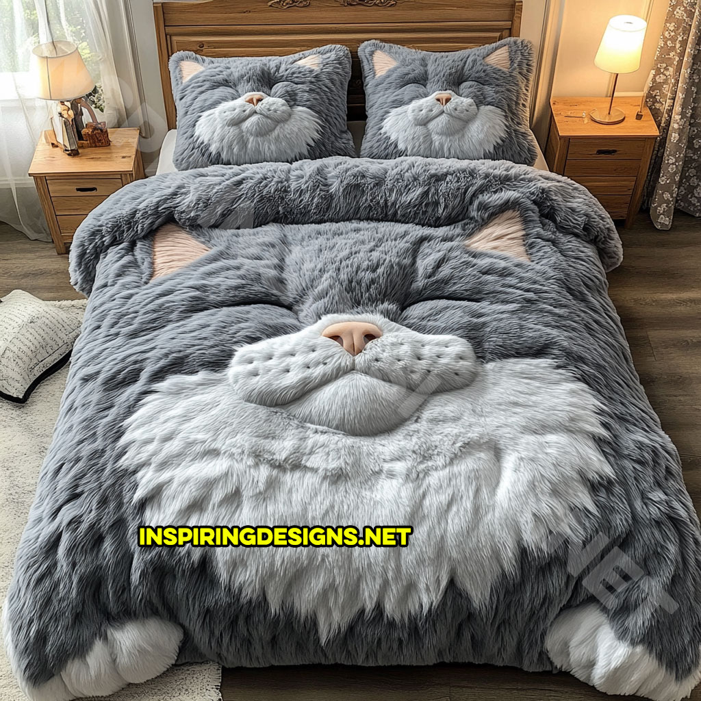 realistic cat bedding set in dark grey and white color