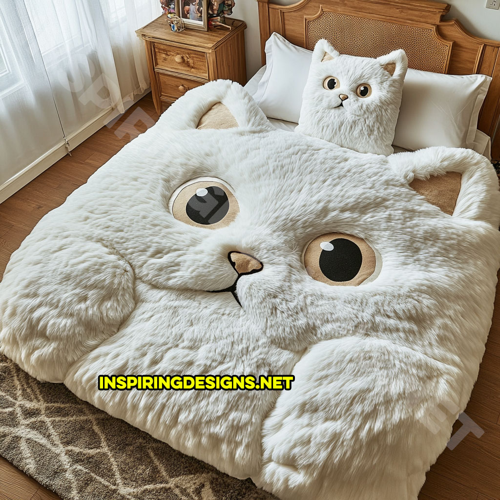 realistic cat bedding set in white color