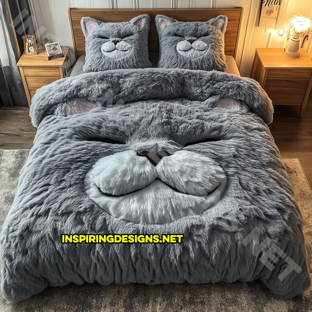 realistic cat bedding set in dark grey color