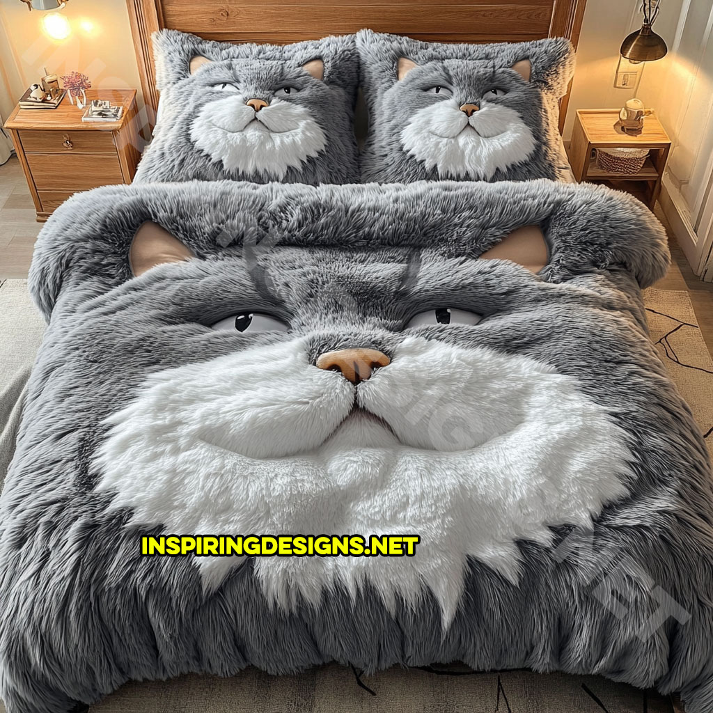 realistic cat bedding set in dark grey and white color