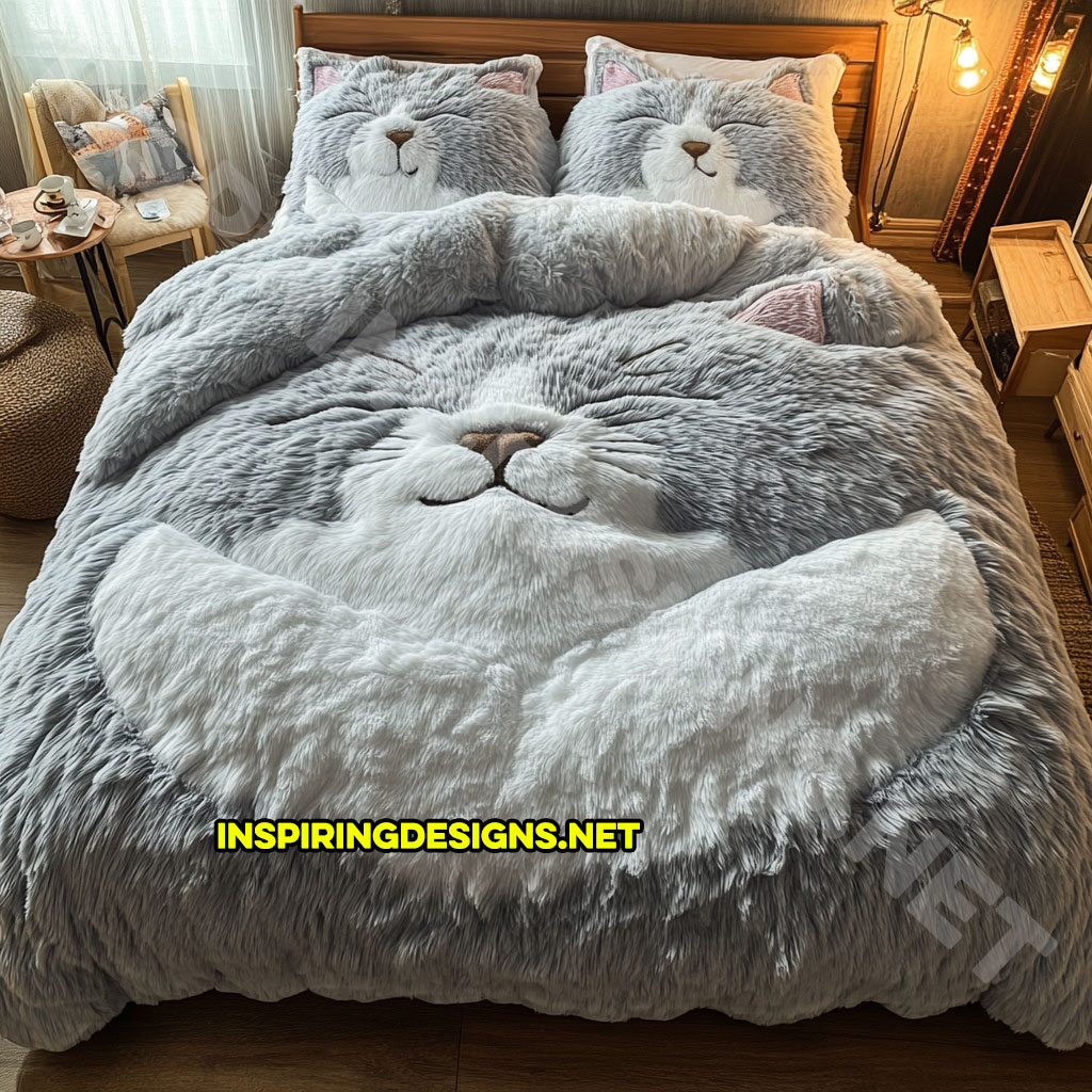 realistic cat bedding set in light grey and white color