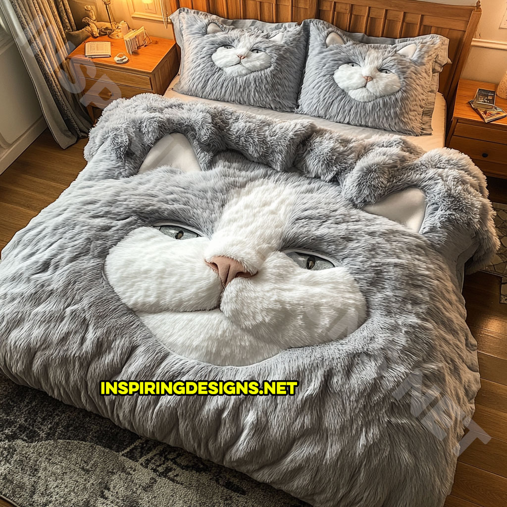 realistic cat bedding set in light grey and white color