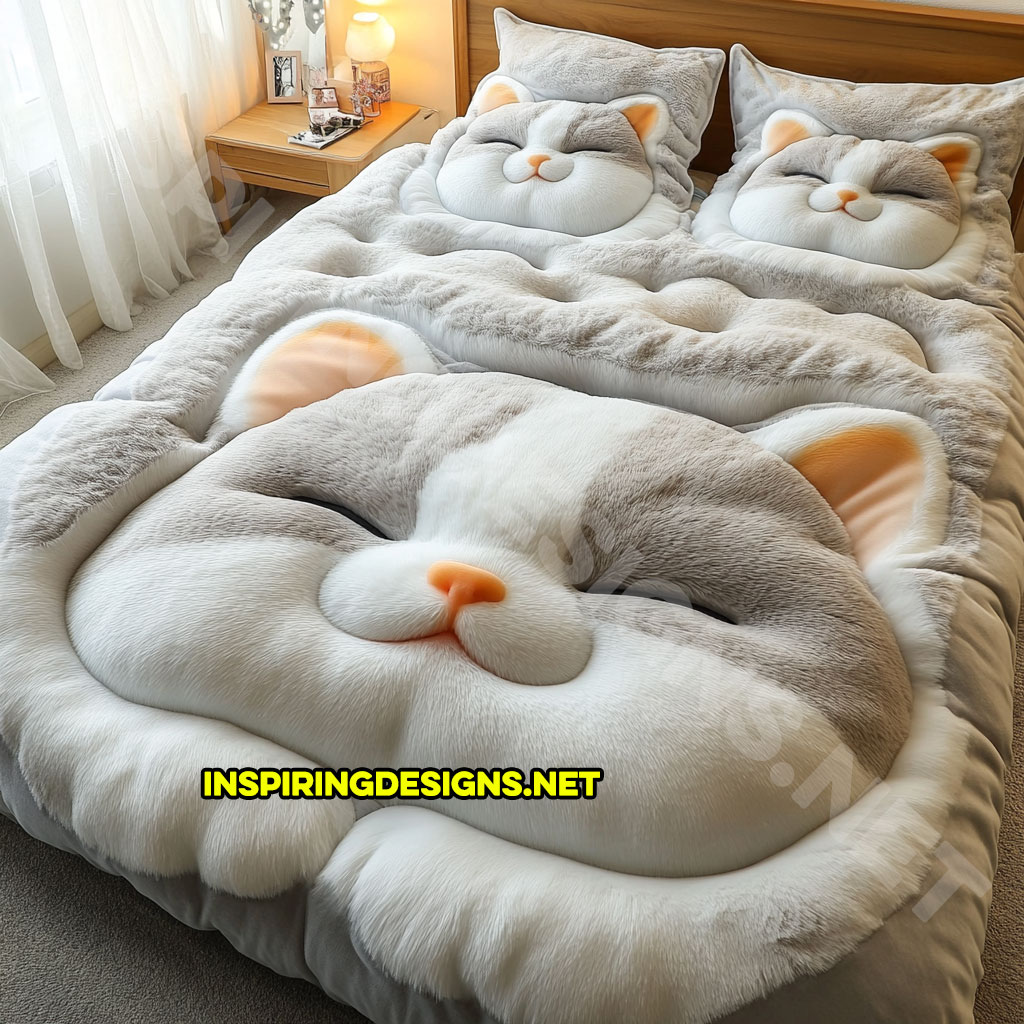 realistic cat bedding set in light grey and white color