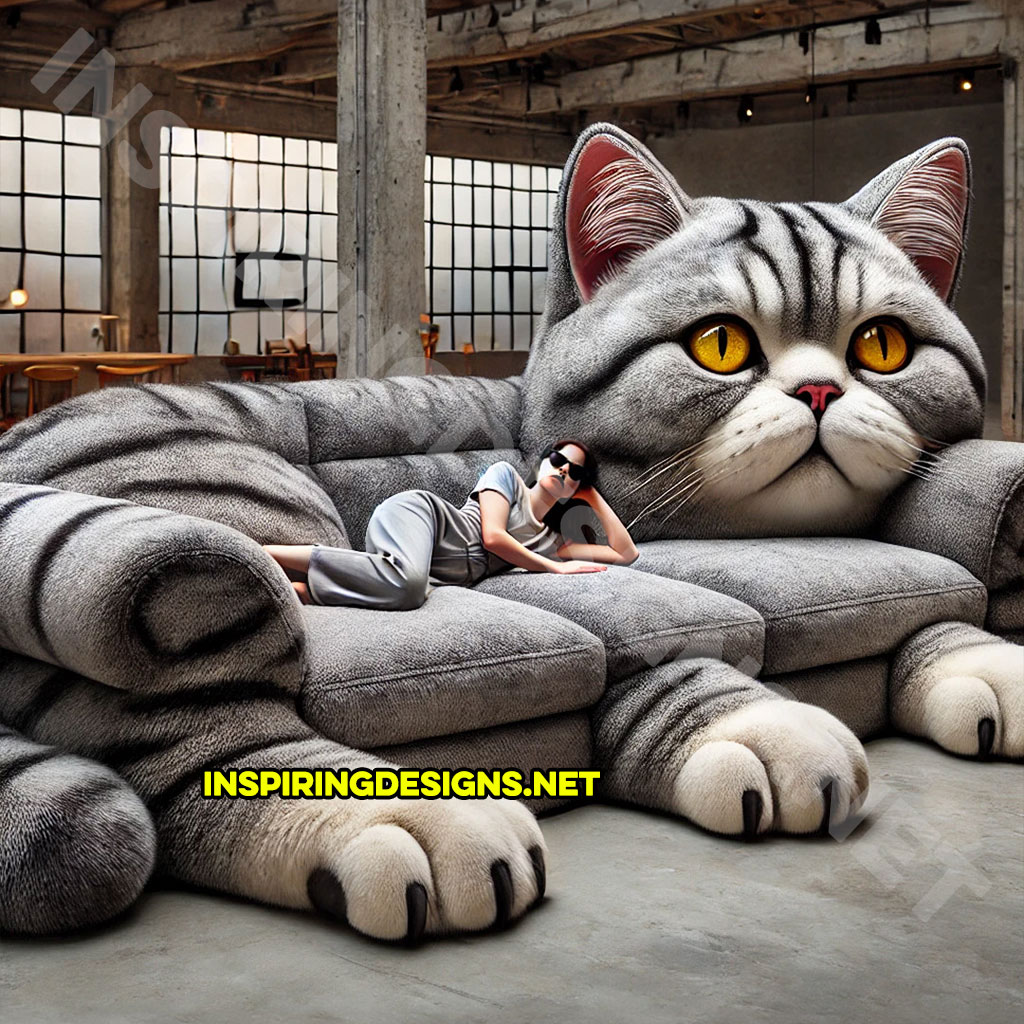 giant cat shaped lounger in grey and black color palette