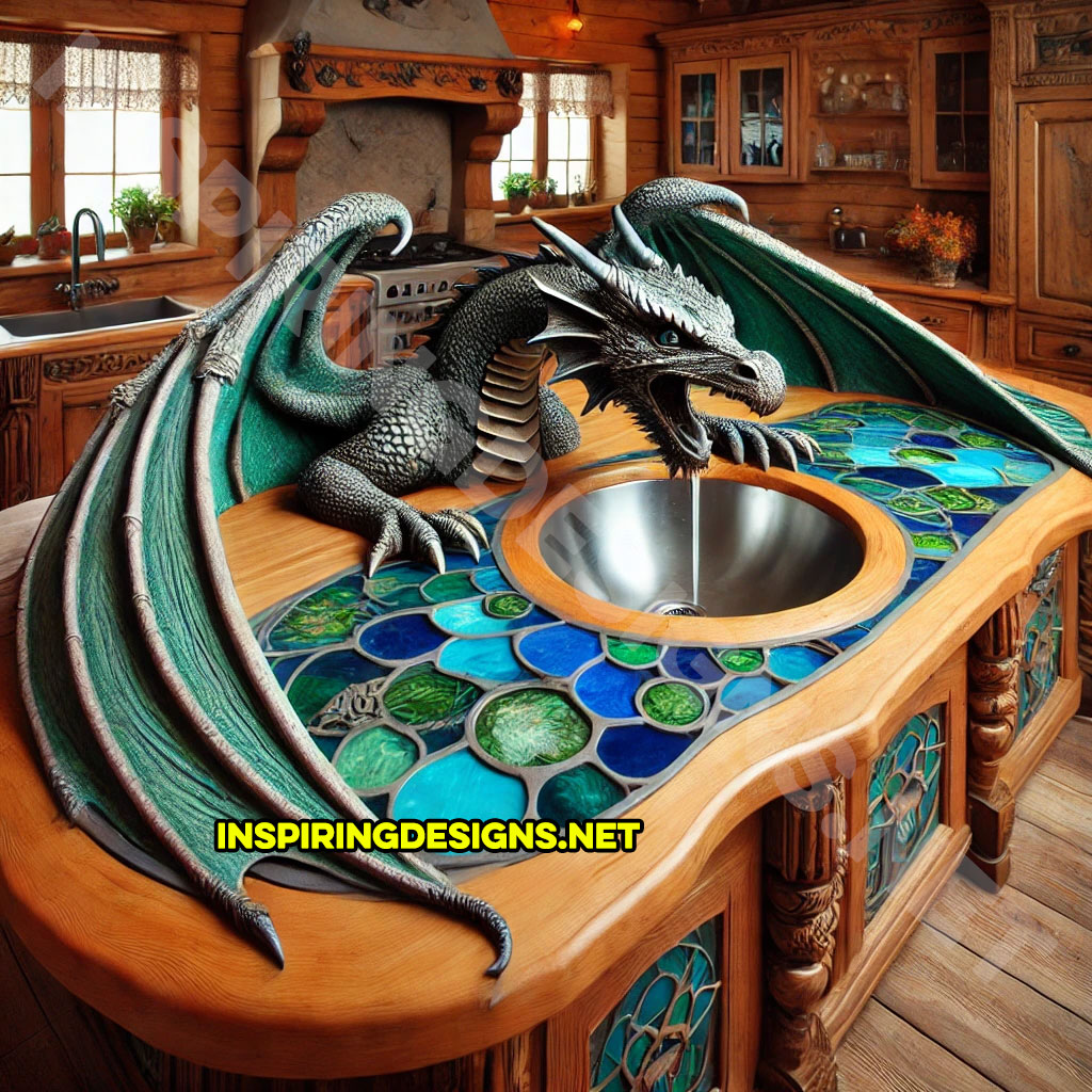 dragon kitchen island with a dragon faucet in a blue and green color