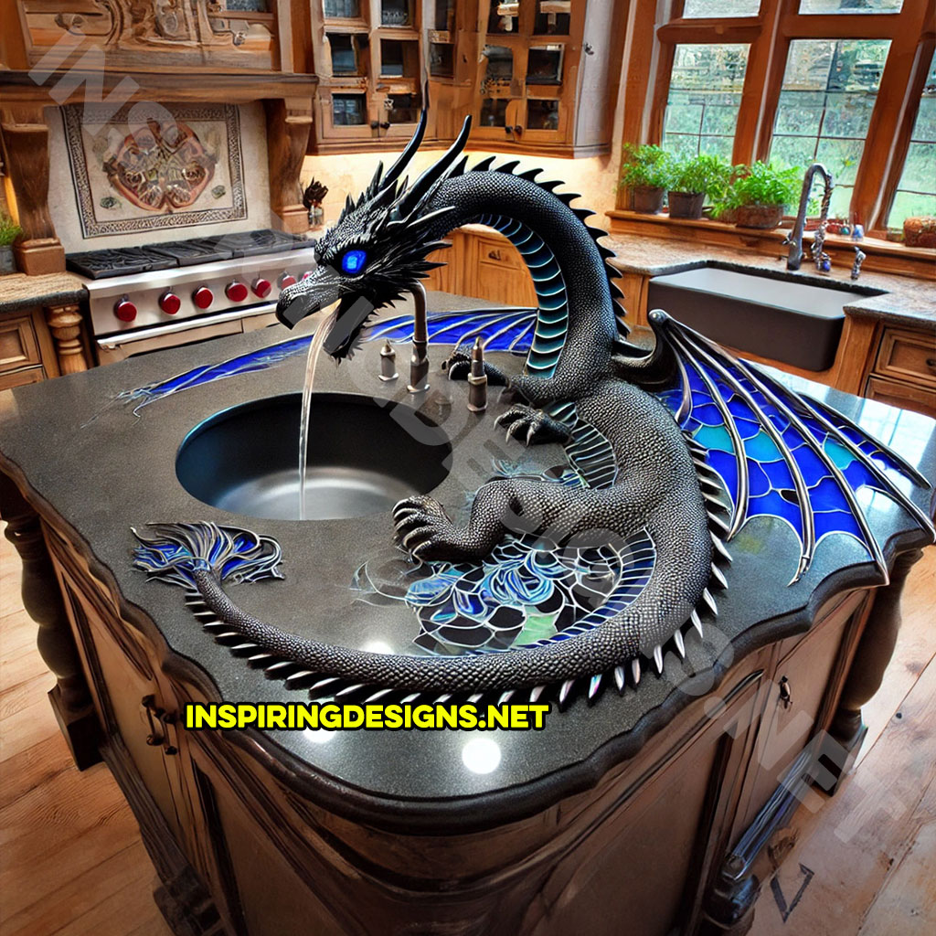 dragon kitchen island with a dragon faucet in a black and blue color