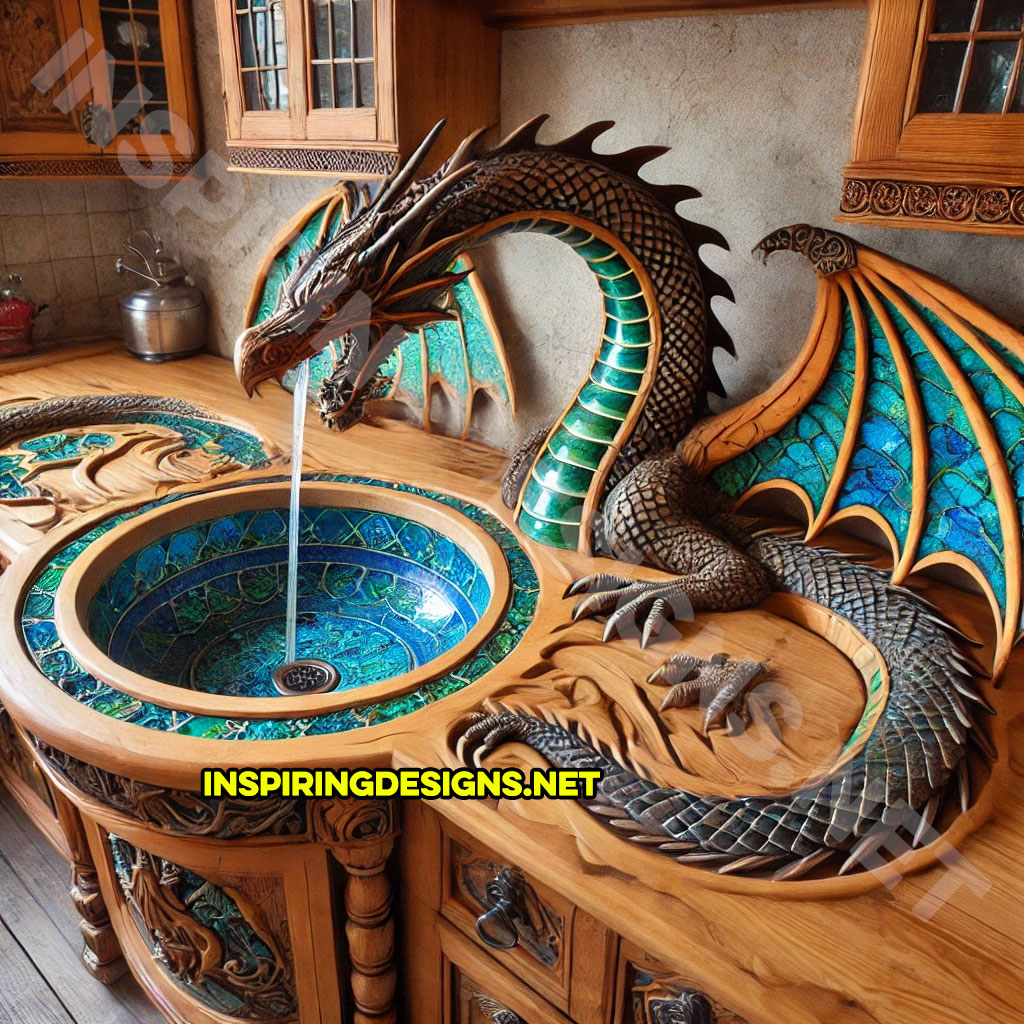 dragon kitchen island with a dragon faucet in a blue and green color