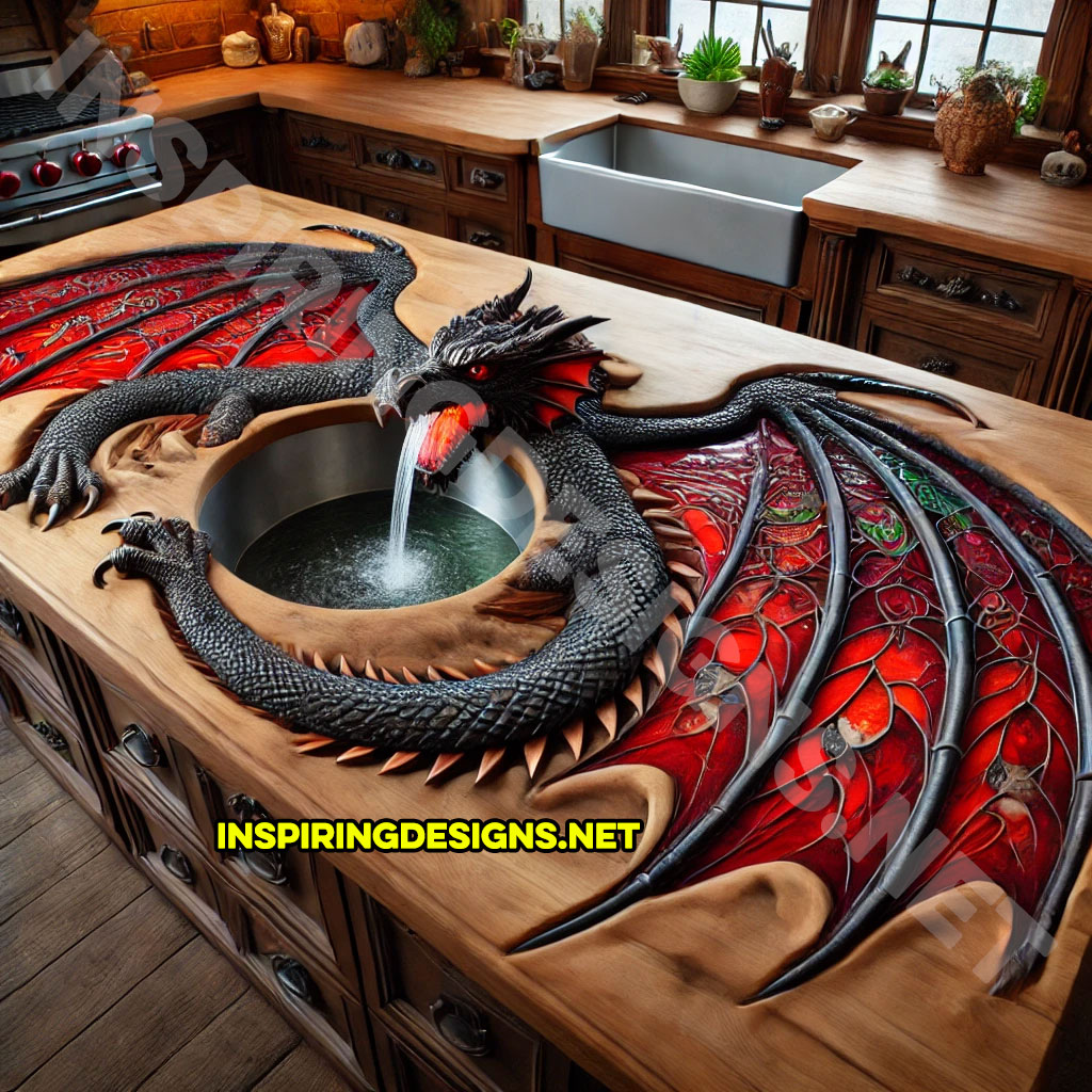 dragon kitchen island with a dragon faucet in a red and black color