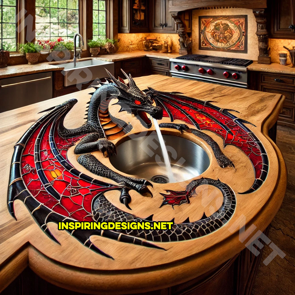 dragon kitchen island with a dragon faucet in a red and black color