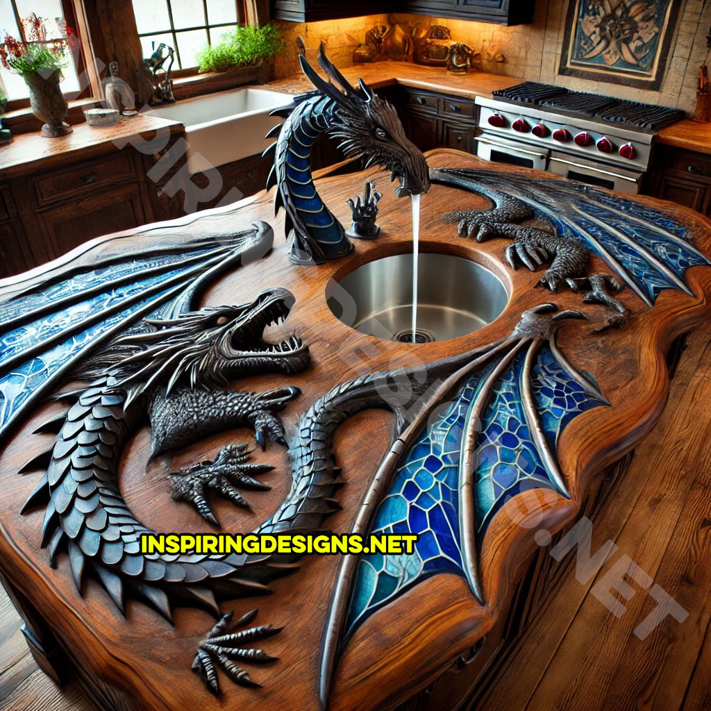 dragon kitchen island with a dragon faucet in a blue and black color