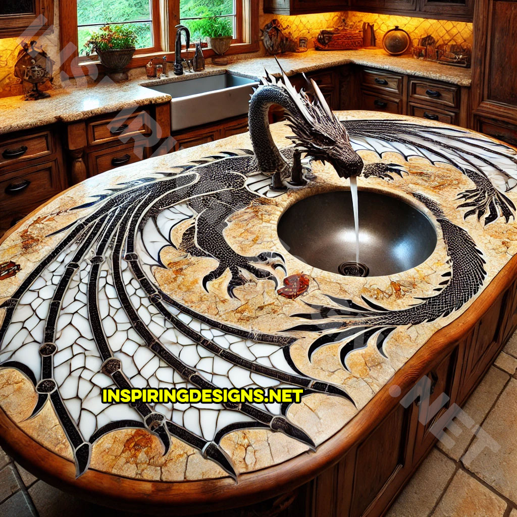 dragon kitchen island with a dragon faucet in a black and white color