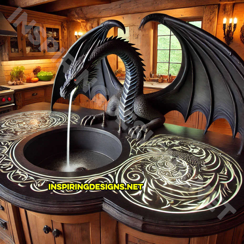 dragon kitchen island with a dragon faucet in a black and white color