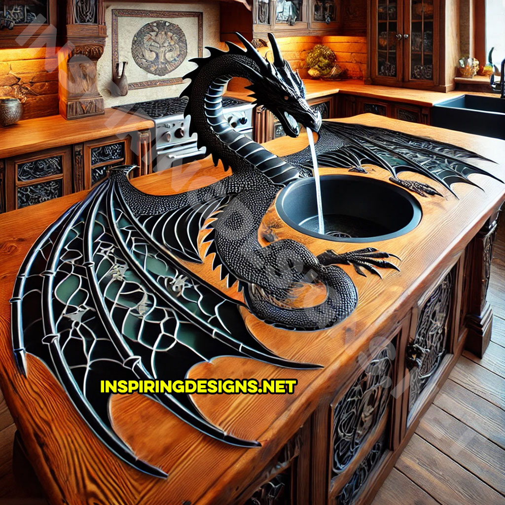 dragon kitchen island with a dragon faucet in an all black color