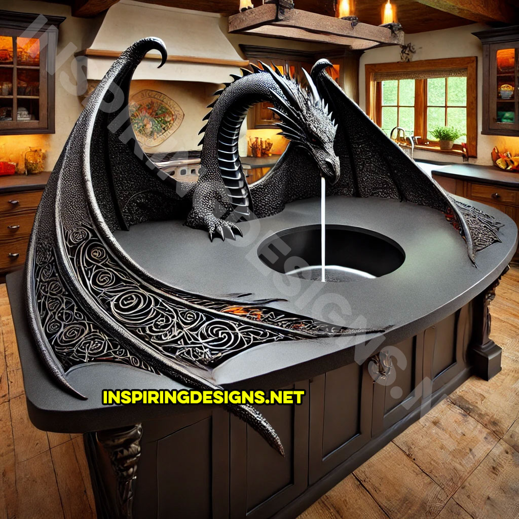 dragon kitchen island with a dragon faucet in an all black color