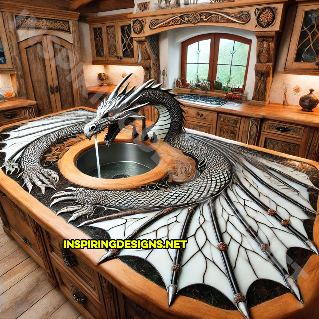 dragon kitchen island with a dragon faucet in a black and white color