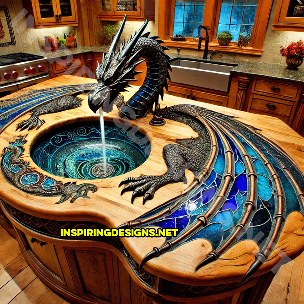 dragon kitchen island with a dragon faucet in a blue and black color