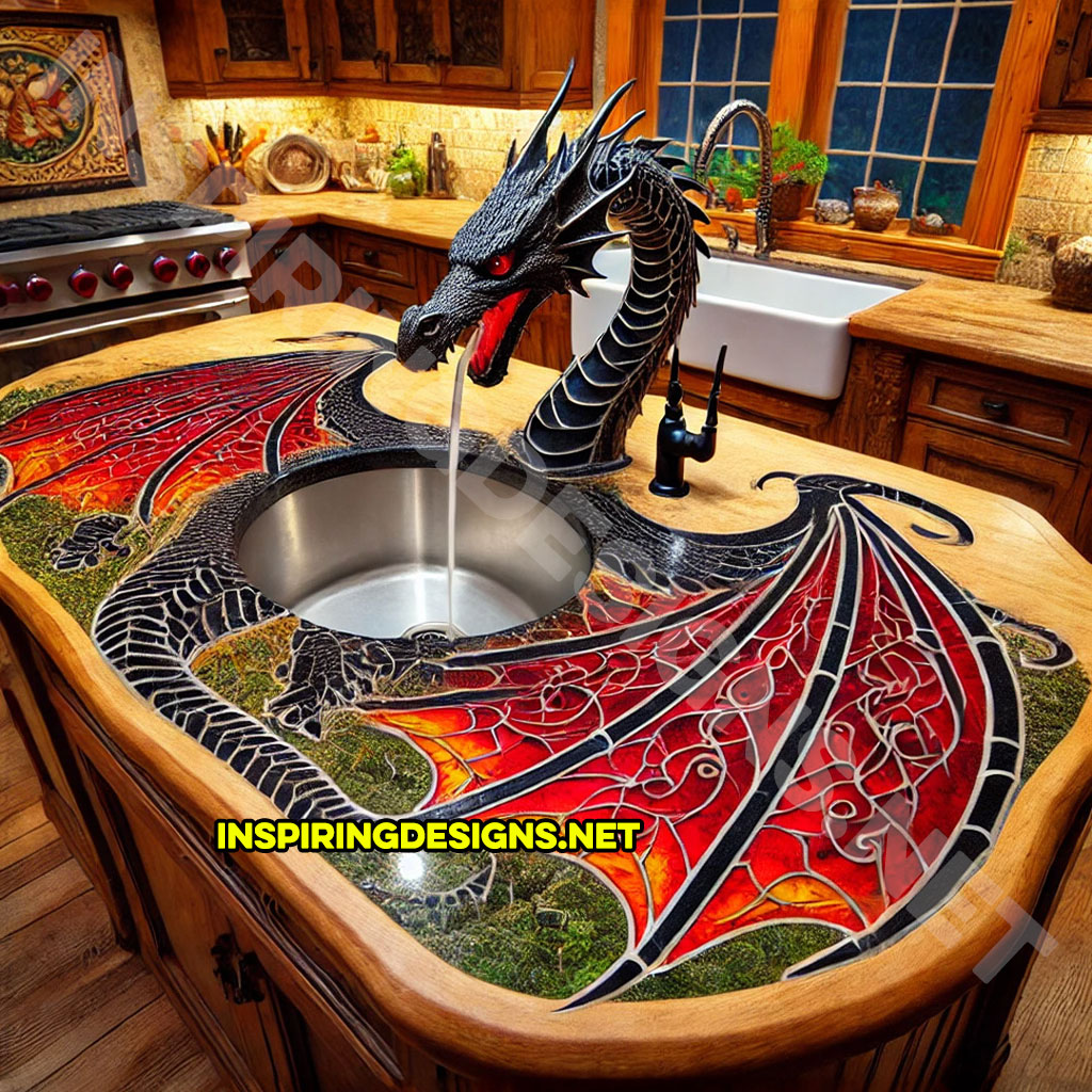 dragon kitchen island with a dragon faucet in a red and black color