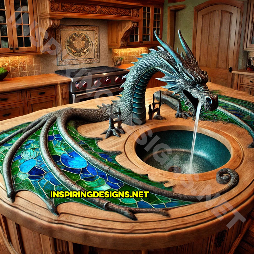 dragon kitchen island with a dragon faucet in a blue and green color