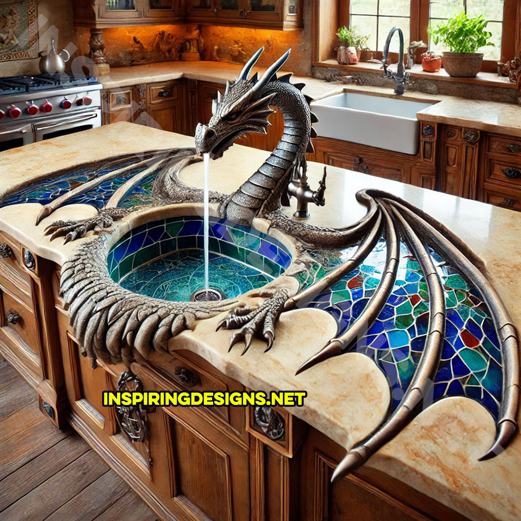 dragon kitchen island with a dragon faucet in a blue and green color