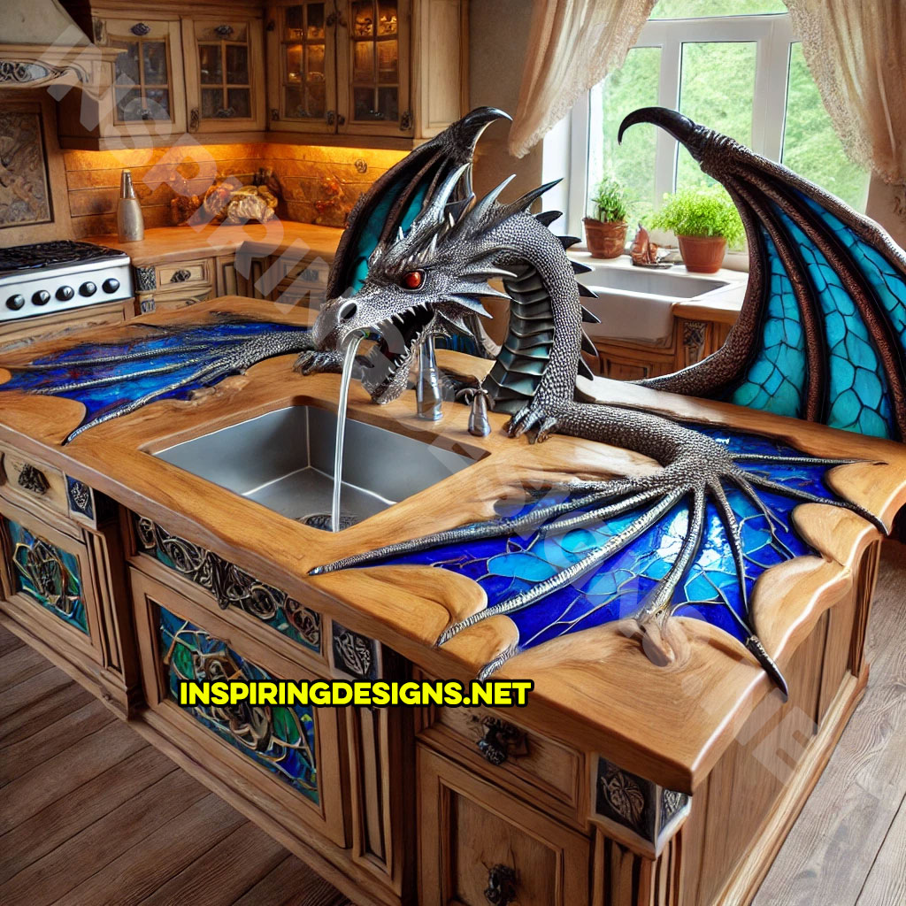 dragon kitchen island with a dragon faucet in a black and blue color